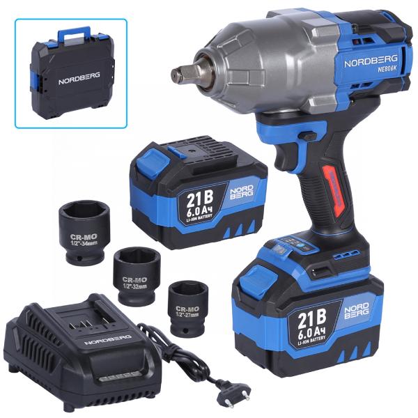 Гайковерт аккумуляторный, 1/2", 21 В, 1500 Нм, 2 аккумулятора 6 A и зарядное устройство, в кейсе NE806K-1/2