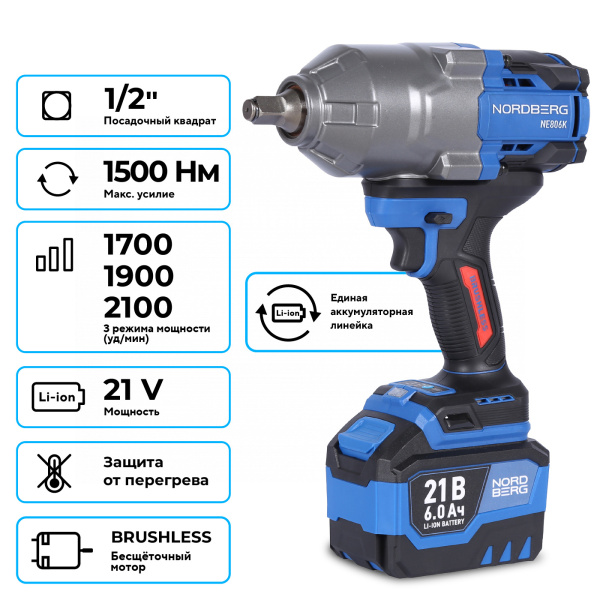 Гайковерт аккумуляторный, 1/2", 21 В, 1500 Нм, 2 аккумулятора 6 A и зарядное устройство, в кейсе NE806K-1/2