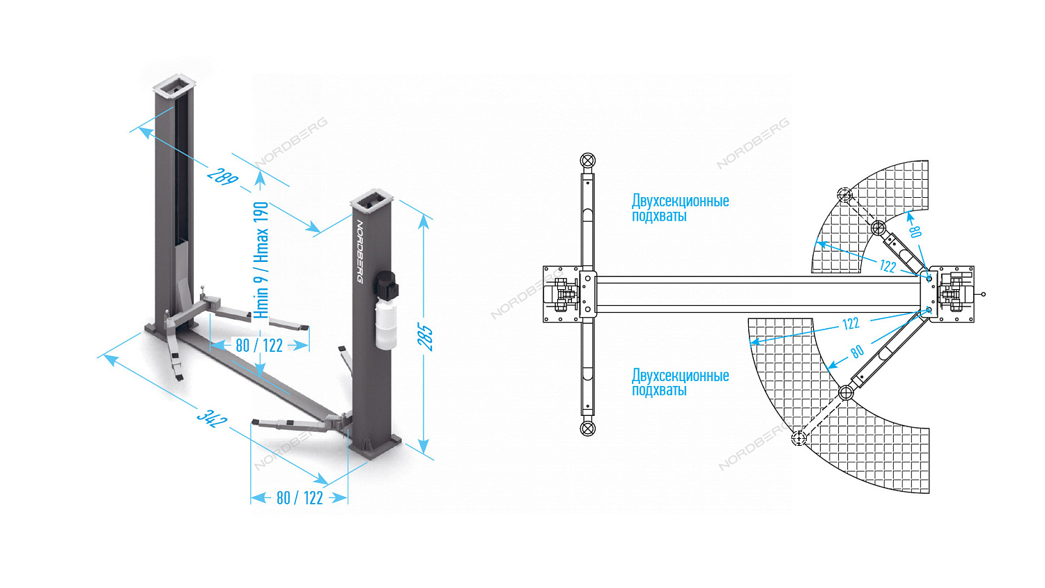 Подъемник 2х стоечный 4т со снятием стопоров с одной колонны N4120BM-4B